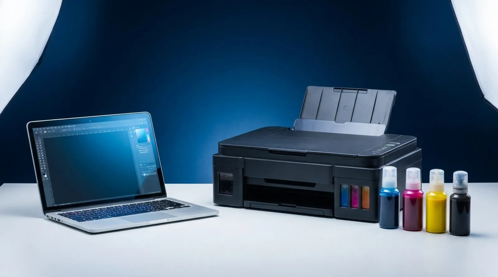 Impresora, laptop y tinta de colores — servicio técnico Tinta Solutions en Tijuana